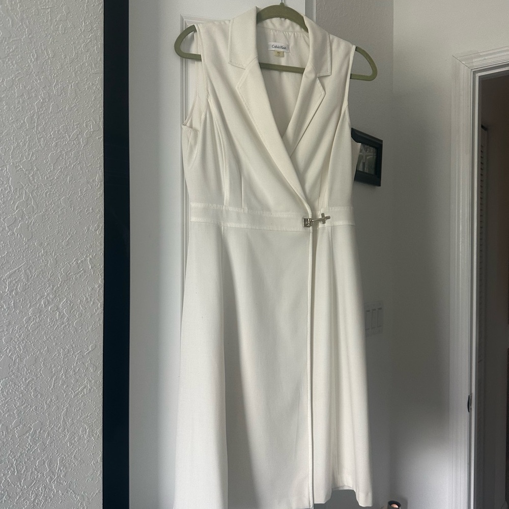 Calvin Klein White Sheath Midi Dress Plunge Neckline